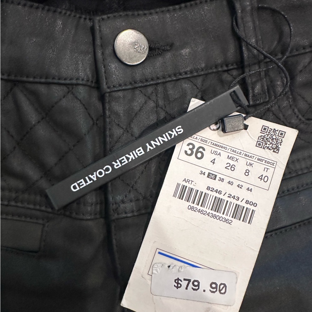 NWT Zara Black Skinny Biker Pants Quilted Coated Slim Fit Whimsigoth Women’s 4 - Picture 4 of 13